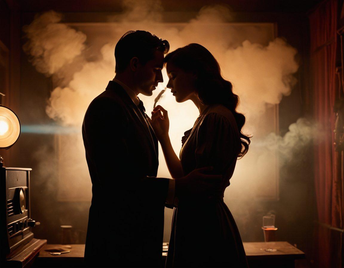 A dramatic film scene showcasing a passionate embrace between a couple under dim, moody lighting, juxtaposed with film reels and a vintage projector casting shadows. Include a mysterious, smoky atmosphere with tantalizing glimpses of iconic controversial films in the background. Elegant typography of the blog title artistically integrated into the frame. dark cinematic style. rich colors. vintage aesthetic.